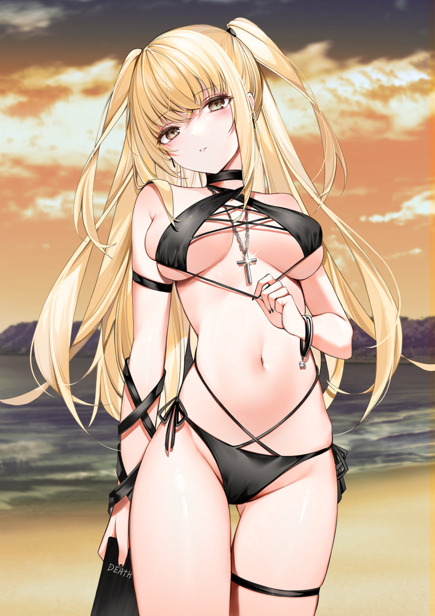 1girl absurdres amane_misa arm_at_side ass_visible_through_thighs bare_shoulders beach bikini black_bikini black_choker black_nails blonde_hair blush book breasts brown_eyes choker cloud cowboy_shot criss-cross_halter cross cross-laced_clothes cross_necklace death_note death_note_(object) earrings halterneck highres holding holding_book jewelry large_breasts long_hair looking_at_viewer multi-strapped_bikini nail_polish navel necklace ocean orange_sky parted_lips sand side-tie_bikini_bottom skindentation sky solo stomach strap_pull string_bikini sunset swimsuit thigh_strap thighs two_side_up wristband yukineko1018