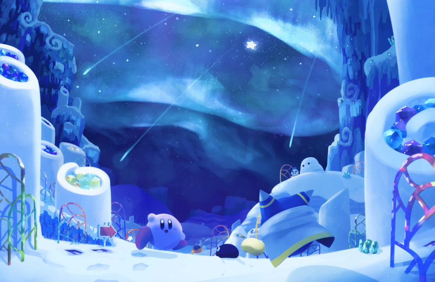 aurora bandana bandana_waddle_dee blue_bandana chilly_(kirby) cliff gooey_(kirby) highres kirby kirby:_star_allies kirby_(series) magolor night night_sky no_humans planet pop_star scenery shooting_star sign sky snow snowman star_(sky) starry_sky suyasuyabi