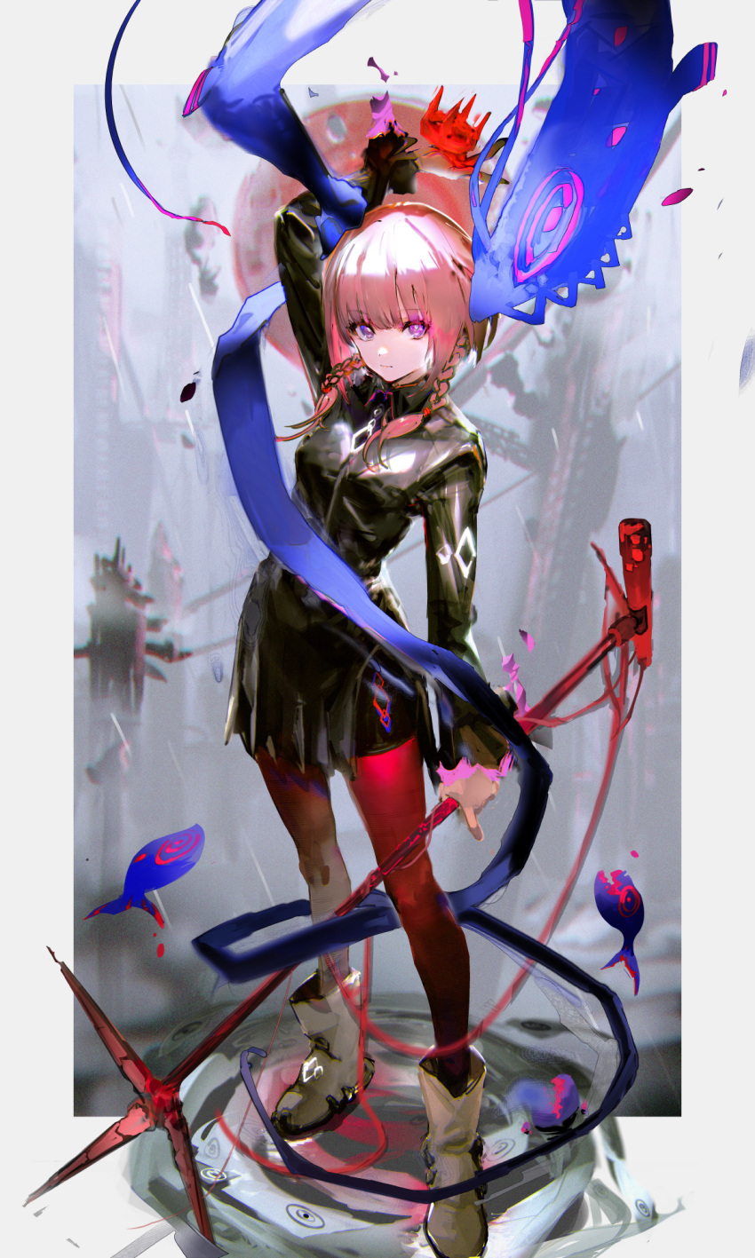 1girl black_jacket boots braid closed_mouth dot_nose hand_up highres holding holding_microphone_stand jacket kaf_(kamitsubaki_studio) kamitsubaki_studio long_sleeves looking_at_viewer microphone_stand pantyhose pink_hair purple_eyes red_pantyhose so-bin solo twin_braids white_footwear