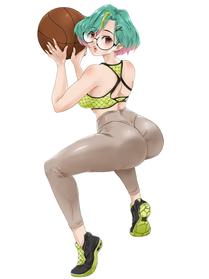 1girl aqua_hair ass back_cutout ball basketball black-framed_eyewear black_footwear breasts capri_pants clothing_cutout colored_shoe_soles colored_tips commission earrings english_commentary from_behind full_body glass green_footwear green_hair green_sports_bra high-waist_pants highres holding holding_ball impossible_pants jewelry looking_at_viewer medium_breasts multicolored_hair multiple_earrings original pants pink_hair red_eyes round_eyewear semi-rimless_eyewear shoes short_hair skin_tight sneakers solo sports_bra streaked_hair tiptoes turning_head under-rim_eyewear wani_illustration white_background