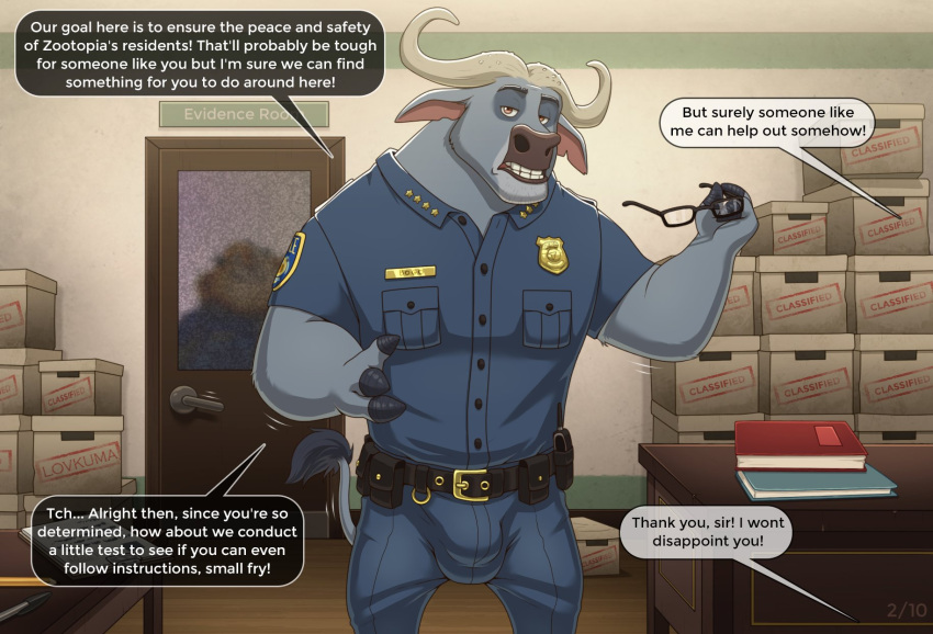 anthro bovid bovine bulge chief_bogo clothing dialogue disney eyewear glasses hi_res lovkuma male mammal police_uniform true_buffalo uniform water_buffalo zootopia