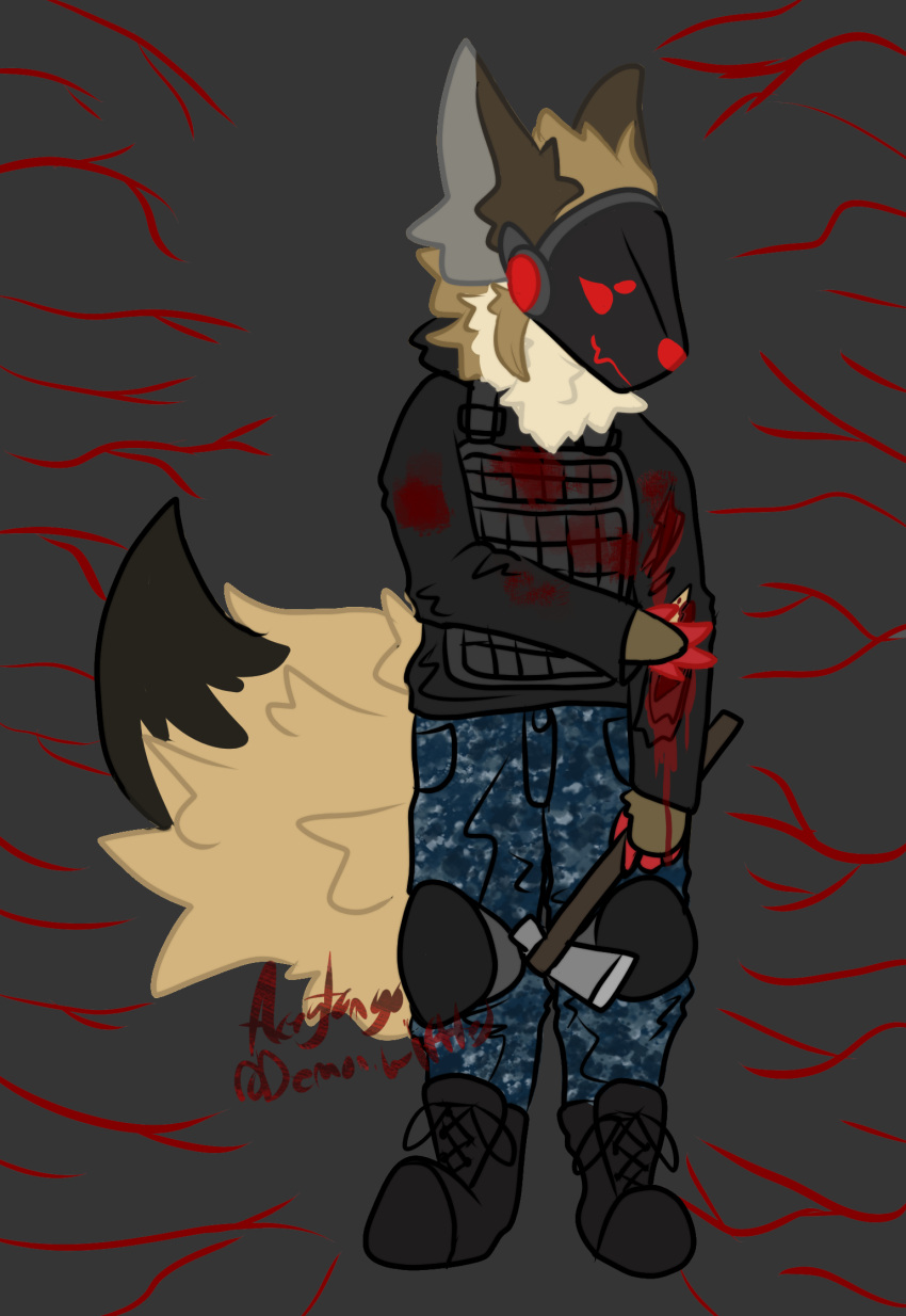 aceytango anthro axe blood bodily_fluids boots brown_body clothing digital_media_(artwork) footwear fur gore hi_res hoodie hyaenid johmn knee_pads machine male mammal melee_weapon plate_carrier protogen red_eyes screen screen_face simple_background smile solo spotted_hyena topwear weapon