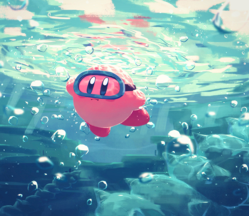 1other air_bubble blue_eyes bubble colored_skin diving_mask goggles highres holding_breath kirby kirby_(series) no_humans pink_skin rock solo squishy_(kirby) submerged suyasuyabi swimming underwater