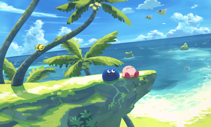 character_request closed_eyes closed_mouth day fish gooey_(kirby) highres kine_(kirby) kirby kirby_(series) looking_away ocean outdoors palm_tree scenery summer suyasuyabi tree