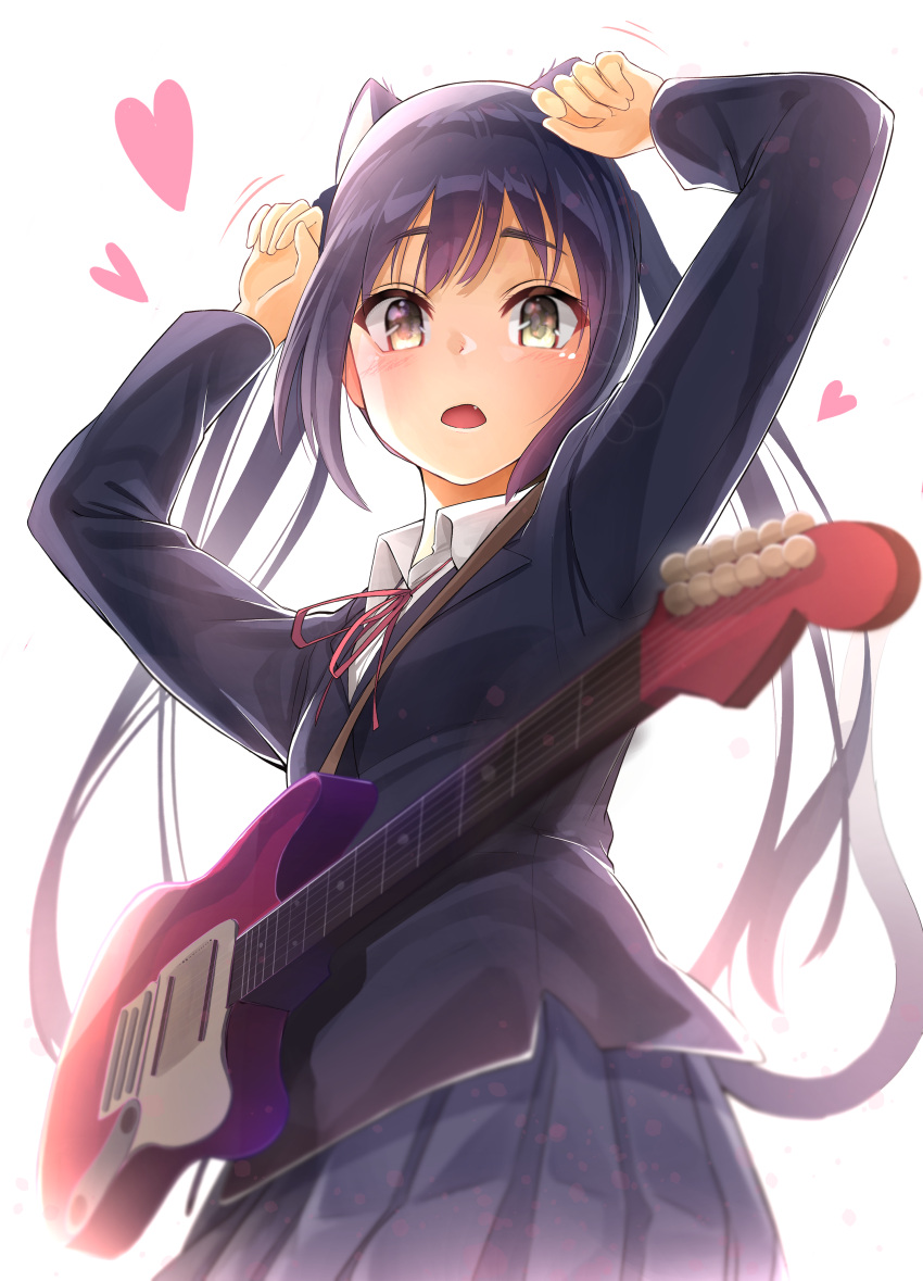 1girl absurdres ajimi07 animal_ears arms_up black_hair black_jacket cat_ears collared_shirt fang floating_hair grey_skirt guitar heart highres instrument jacket k-on! long_hair long_sleeves looking_at_viewer looking_down miniskirt motion_lines nakano_azusa neck_ribbon open_mouth pleated_skirt red_ribbon ribbon sakuragaoka_high_school_uniform school_uniform shiny shiny_hair shirt skirt solo standing twintails very_long_hair white_background white_shirt wing_collar yellow_eyes
