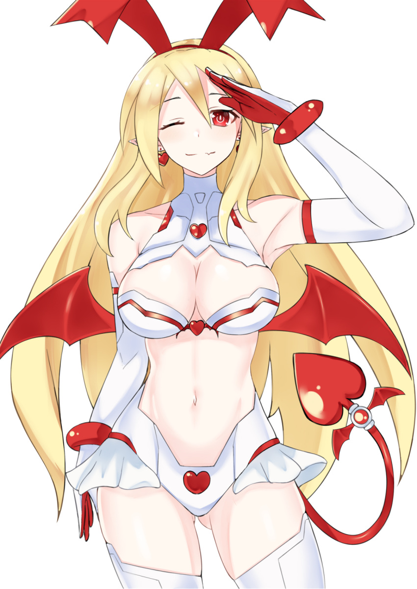 1girl aged_up alternate_costume bare_shoulders blonde_hair bow breasts cleavage demon_girl demon_tail disgaea earrings elbow_gloves fang flonne flonne_(fallen_angel) gloves hair_bow heart heart_earrings highres jewelry large_breasts long_hair looking_at_viewer makai_senki_disgaea microskirt navel neptune_(series) one_eye_closed paid_reward_available pointy_ears power_symbol red_eyes revealing_clothes ribbon salute simple_background skindentation skirt solo symbol-shaped_pupils tail thighhighs very_long_hair white_background white_thighhighs zatsu