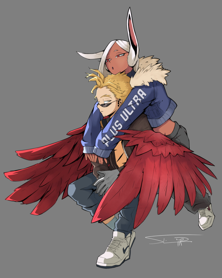 1boy 1girl alternate_costume animal_ears arms_around_neck blonde_hair boku_no_hero_academia carrying closed_mouth dark-skinned_female dark_skin denim english_text feathered_wings feathers gloves grey_background half-closed_eyes hawks_(boku_no_hero_academia) highres jeans long_hair midriff mirko nike own_hands_together pants piggyback print_sweater rabbit_ears rabbit_girl red_eyes red_feathers red_wings shoes short_hair sideburns simple_background slim_(sl1m_skull) sneakers spiked_hair squatting sunglasses sweater tinted_eyewear white_hair wings yellow_eyes