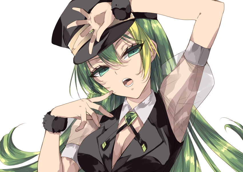 absurdres alina_gray aqua_eyes black_headwear black_necktie black_vest brooch collar cross_tie detached_collar gem green_gemstone green_hair hair_between_eyes hat highres jewelry lapels magia_record:_mahou_shoujo_madoka_magica_gaiden magical_girl mahou_shoujo_madoka_magica misteor multicolored_hair necktie notched_lapels open_mouth peaked_cap puffy_short_sleeves puffy_sleeves see-through see-through_sleeves short_sleeves sidelocks simple_background straight_hair streaked_hair v-neck vest white_collar white_sleeves