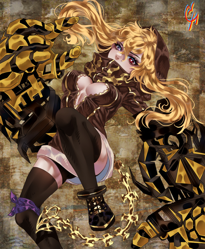 1girl absurdres bike_shorts black_rock_shooter black_shorts black_thighhighs blonde_hair breasts brown_cardigan cardigan checkered_background cleavage coconuthound cosplay floating_hair gauntlets heterochromia highres hood hood_up hooded_cardigan long_hair looking_at_viewer medium_breasts partially_unzipped purple_eyes red_eyes rwby short_shorts shorts solo strength_(black_rock_shooter) strength_(black_rock_shooter)_(cosplay) thighhighs yang_xiao_long