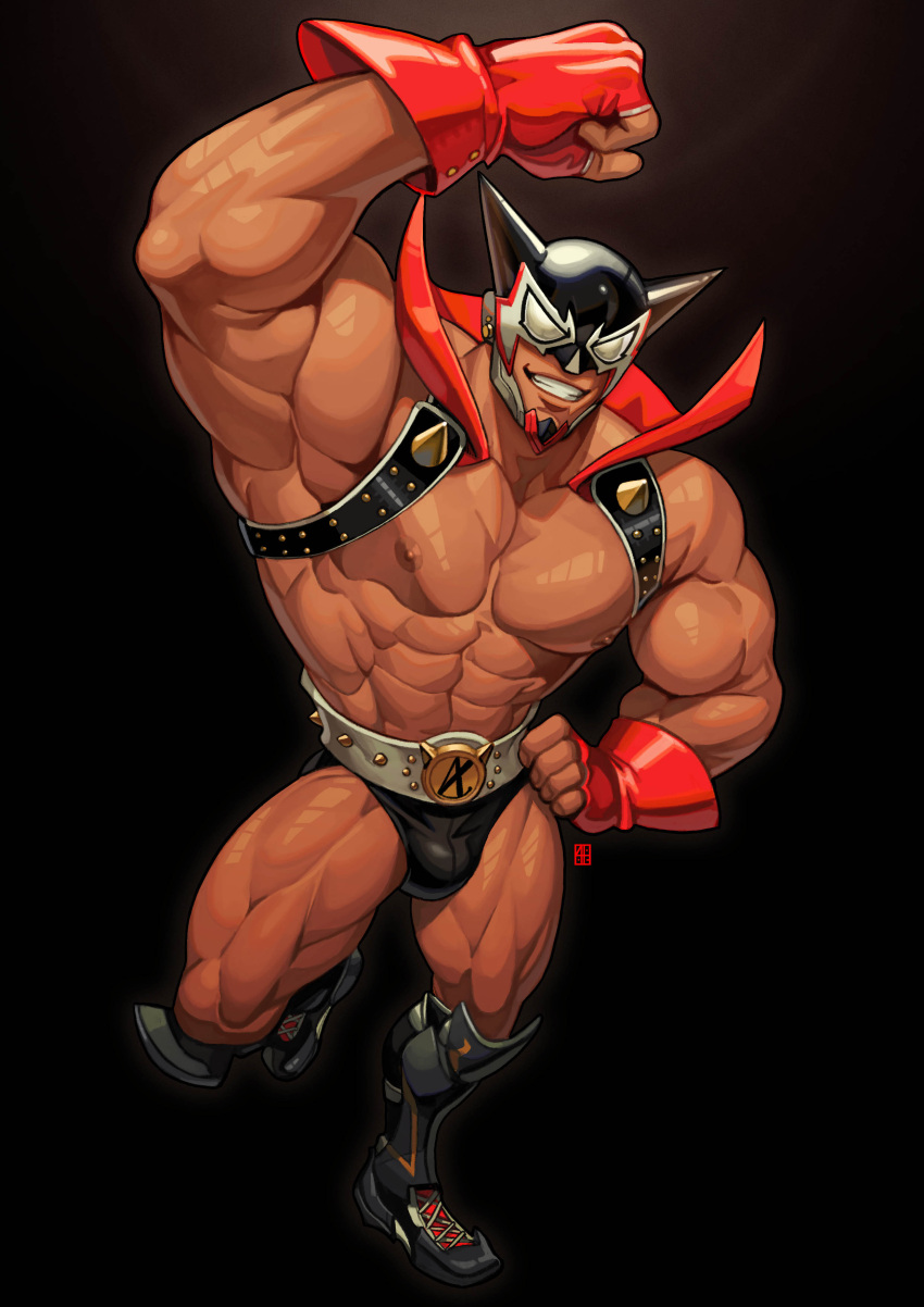 1boy abs absolum_art absurdres armpits bara biceps black_background boots bulge capelet chest_belt fingerless_gloves flexing gloves hand_on_hip highres large_pectorals leather leather_belt leather_boots male_focus male_underwear manly mask mature_male muscular muscular_male nipples no_pants no_shirt original pectorals pose simple_background smirk solo teeth thick_arms thick_thighs thighs underwear