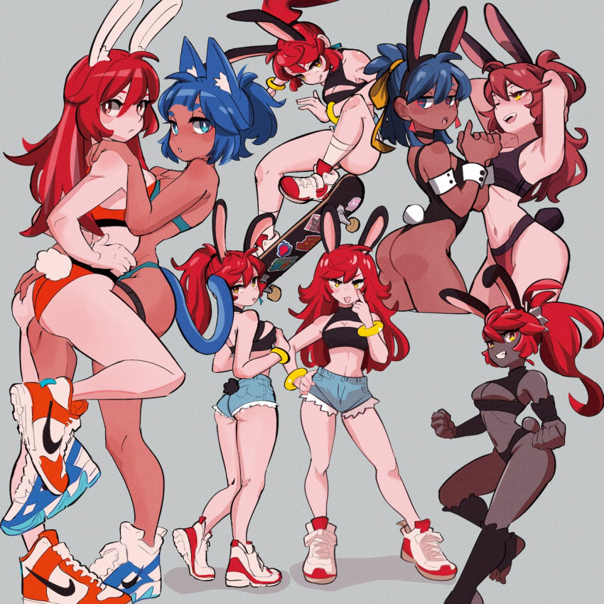 4girls amazu_(kurozu) animal_ear_fluff animal_ears ass bangs bare_arms bare_shoulders black_hairband black_leotard blue_eyes blue_hair blue_shorts bow breasts cat_ears cleavage clenched_hands commentary dark-skinned_female dark_skin denim denim_shorts dif_(difman) eyebrows_hidden_by_hair fake_animal_ears grey_background hair_between_eyes hair_bow hairband hand_on_another's_shoulder highres leotard medium_breasts multiple_girls multiple_views nike original rabbit_ears rabbit_tail red_hair shoe_soles shoes short_eyebrows short_shorts shorts simple_background skateboard symbol-only_commentary tail thick_eyebrows white_footwear wrist_cuffs yellow_bow yellow_eyes
