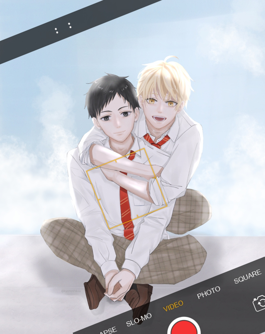 2boys :d black_eyes black_hair blonde_hair brown_footwear cellphone_picture crossed_legs highres hug hug_from_behind kono_oto_tomare! kudou_chika_(kono_oto_tomare!) kyonoshikou male_focus multiple_boys necktie phone_screen plaid red_necktie school_uniform shirt sitting smile takaoka_tetsuki white_shirt yellow_eyes