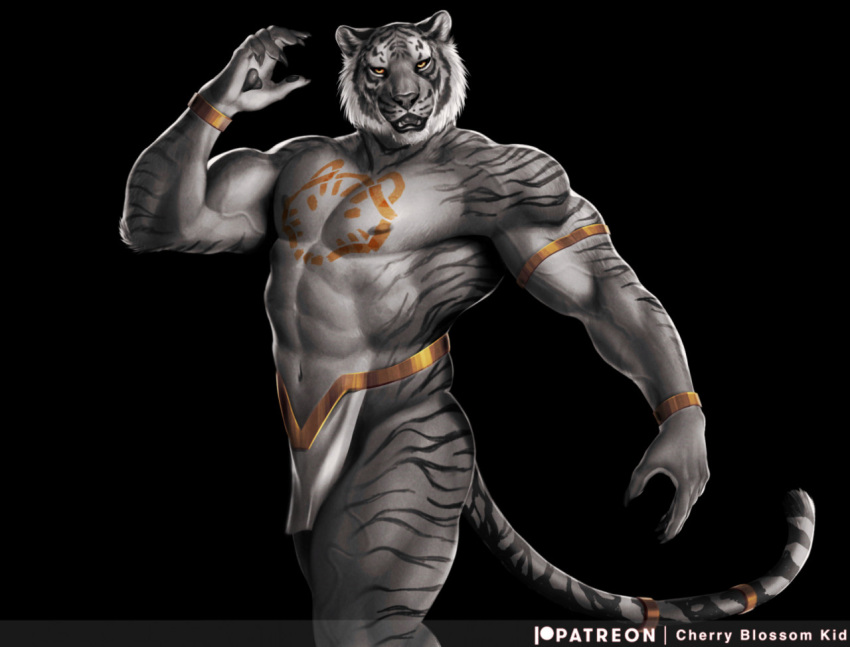 anthro bird_dog bottomwear canid canine canis cherry_blossom_kid clothing dancing domestic_dog felid golden_retriever hunting_dog jewelry loincloth male mammal marker_(artwork) markings musclegut muscular muscular_male painted pantherine presenting retriever solo tiger traditional_media_(artwork)
