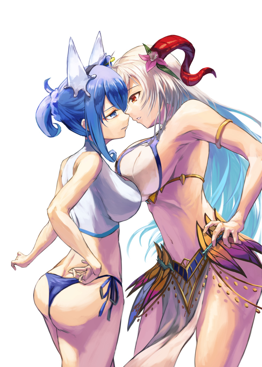 2girls absurdres alternate_costume animal_ears armband ass assertive_female asymmetrical_docking bangs bare_shoulders bikini blue_eyes blue_hair breast_press breasts commission commissioner_upload curled_horns fire_emblem fire_emblem_heroes flower flower_necklace food freyja_(fire_emblem) goat_horns hair_ornament hand_on_hip highres horns ice ice_cream ice_horns juunishi_aya large_breasts long_hair medium_breasts midriff multicolored_hair multiple_girls navel nifl_(fire_emblem) non-web_source official_alternate_costume official_alternate_hairstyle open_mouth pelvic_curtain ponytail red_eyes red_horns short_hair size_difference stare_down swimsuit thighs transparent_background two-tone_bikini two-tone_swimsuit white_bikini white_hair