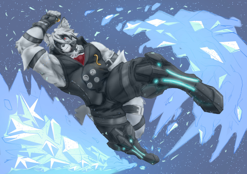 2022 anthro biceps black_clothing bottomwear butler canid canine canis clothed clothing digital_media_(artwork) fur hair harness hi_res ice looking_at_viewer male mammal mihoyo muscular muscular_anthro muscular_male pecs snow solo suit topwear video_games von_lycaon white_body white_fur wolf zachsroom zenless_zone_zero