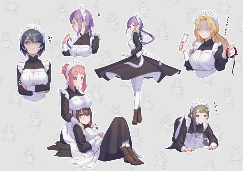 6+girls all_fours animal_collar apron arms_under_breasts bangs black_dress blonde_hair blush boots borrowed_character breast_rest breasts breasts_on_head brown_eyes brown_footwear brown_hair closed_mouth collar crossed_arms disgust dress eyewear_on_head flying_sweatdrops furrowed_brow glass green_eyes highres holding holding_collar holding_hair holding_rattle kazu_no_reason large_breasts long_hair long_sleeves looking_at_viewer low_ponytail maid maid_apron maid_headdress medium_breasts multiple_girls multiple_views original pantyhose pink_hair purple_hair rattle shaded_face short_hair smile white_pantyhose