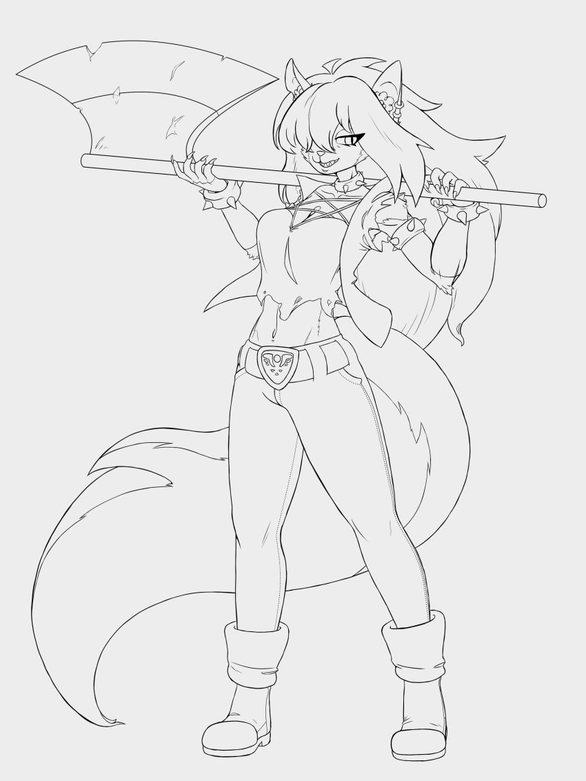 1_eye absurd_res anthro axe big_breasts big_hair big_sis_(artist) big_tail bracelet breasts canid canid_demon canine canis claws clothed clothing collar crop_top delta_rune_(emblem) deltarune demon domestic_dog ear_piercing female fully_clothed hair hellhound helluva_boss hi_res holding_object holding_weapon jewelry loona_(helluva_boss) mammal melee_weapon monochrome navel pentagram piercing sharp_claws sharp_teeth shirt smile smirk solo susie_(deltarune) symbol teeth topwear undertale undertale_(series) video_games weapon