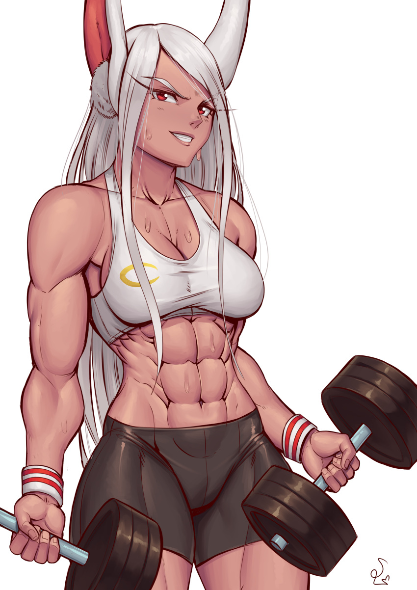 abs absurd_res animal_humanoid biceps bodily_fluids bottomwear bra breasts clothing deltoids dumbbell exercise female hair hi_res humanoid lagomorph lagomorph_humanoid leporid_humanoid mammal mammal_humanoid miruko muscular muscular_female my_hero_academia rabbit_humanoid shorts solo speedl00ver sports_bra sweat underwear weightlifting weights white_hair workout