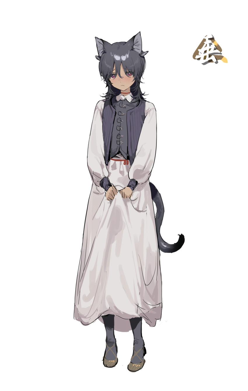 1girl absurdres animal_ears black_hair black_shirt black_socks blush cat_ears cat_girl cat_tail copyright_request dark-skinned_female dark_skin fang fang_out frown highres long_sleeves looking_at_viewer red_eyes shirt shisantian simple_background skirt socks solo tail white_background white_skirt