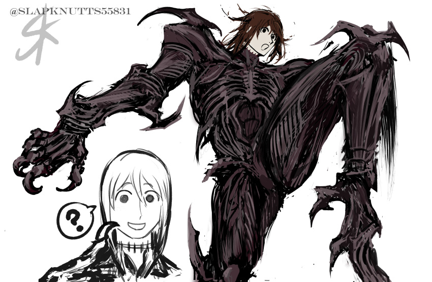 1boy absurdres brown_eyes brown_hair claws high_kick highres kicking looking_at_viewer male_focus multiple_views original short_hair simple_background slapknutts55831 stitched_neck stitches white_background