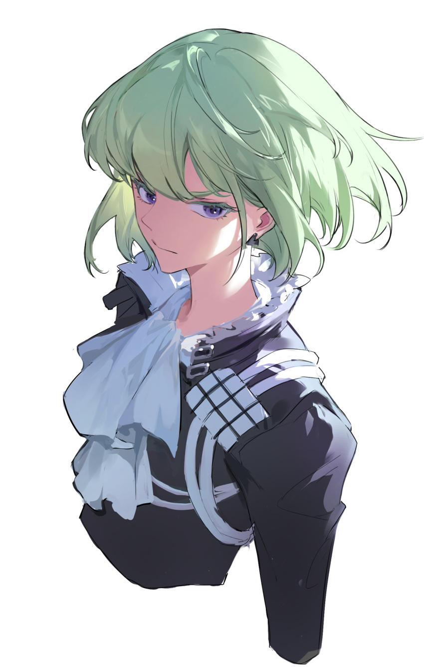 absurdres androgynous ascot bangs black_jacket closed_mouth from_above green_hair highres jacket kurasamerukia lio_fotia long_sleeves male_focus promare purple_eyes short_hair sidelocks simple_background studded upper_body white_ascot white_background