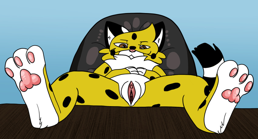 anthro brown_eyes chita_(randompasserbyer) eye_contact feet felid feline female foot_fetish fur genitals hi_res hindpaw looking_at_another mammal narrowed_eyes pawpads paws pussy randompasserbyer relaxing serval solo yellow_body yellow_fur