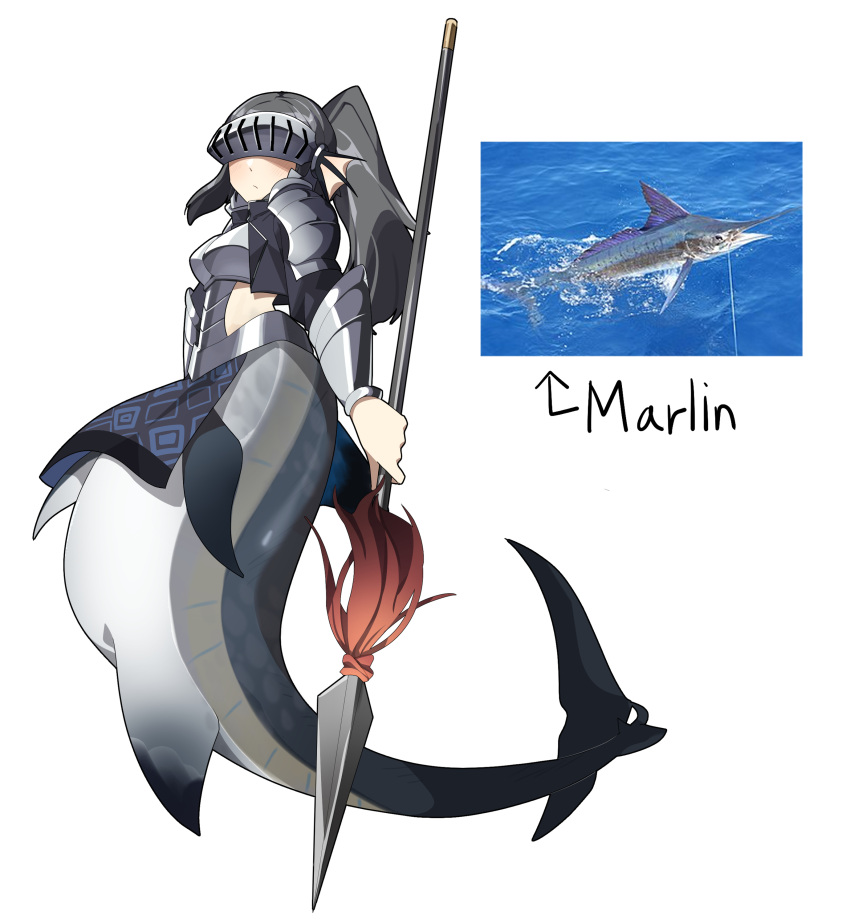 1girl absurdres animal armor boobplate closed_mouth colored_skin covered_eyes facing_viewer fins fish full_body gomulgong grey_hair grey_skin head_fins highres holding holding_polearm holding_weapon knight long_hair marlin_(fish) mermaid monster_girl multicolored_skin original pelvic_curtain personification photo_inset polearm ponytail reference_inset shoulder_armor sidelocks simple_background solo visor_(armor) weapon white_background white_skin