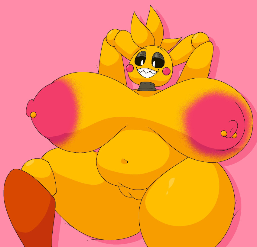 animatronic anthro areola avian beakless big_breasts bird black_sclera breasts chicken chip_at_night female five_nights_at_freddy's five_nights_at_freddy's_2 galliform gallus_(genus) genitals hands_behind_head hi_res huge_breasts huge_thighs machine navel nipple_piercing nipples non-mammal_breasts nude overweight overweight_anthro overweight_female phasianid piercing pink_areola pink_nipples pussy robot scottgames smile solo thick_thighs toy_chica_(fnaf) video_games white_eyes yellow_body