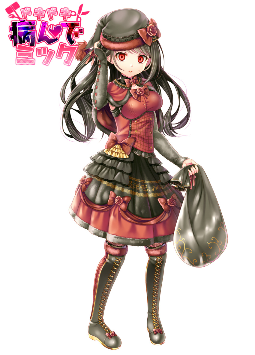 1girl bad_anatomy bag black_footwear black_headwear bow bowtie breasts copyright_name cross-laced_footwear dokidoki_yandemic dress dress_bow frilled_dress frills full_body hand_up hat hat_bow highres holding holding_bag kochou_noel long_sleeves looking_at_viewer official_art red_bow red_bowtie red_eyes small_breasts solo standing white_background