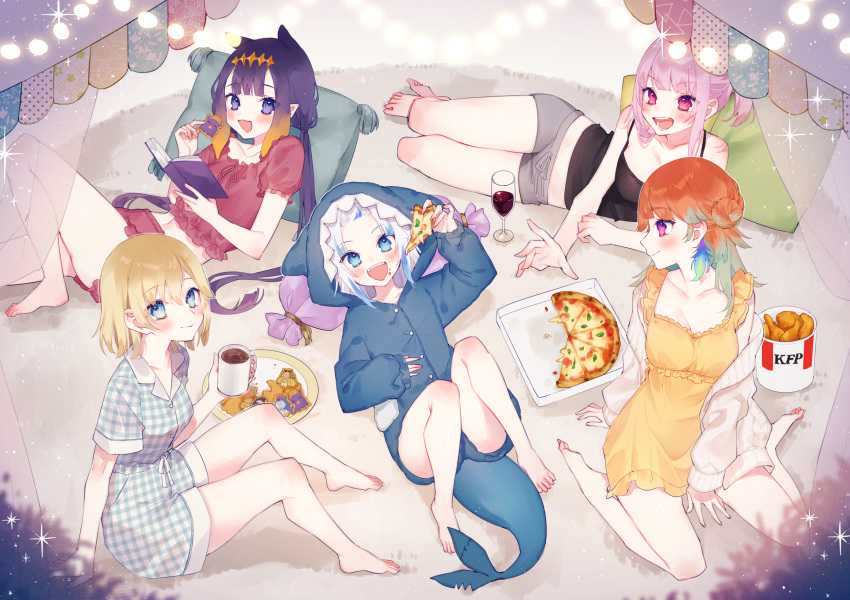 arm_support bangs bare_legs barefoot black_tank_top blonde_hair blue_eyes blue_hair blunt_bangs blush breasts chiyomaru_(yumichiyo0606) cleavage closed_mouth collarbone commentary_request cookie cropped_shirt cup dress drinking_glass feet flat_chest food forehead fried_chicken frilled_sleeves frills full_body gawr_gura gradient_hair green_hair highres holding hololive hololive_english holomyth indoors knee_up leaning_back legs long_hair looking_at_viewer lying medium_breasts medium_hair mori_calliope mug multicolored_hair ninomae_ina'nis on_back on_side open_mouth orange_hair pajamas pink_eyes pink_hair pizza pizza_box plate purple_eyes purple_hair red_shirt red_shorts rug shadow shirt short_shorts short_sleeves shorts sidelocks sitting smile takanashi_kiara tank_top teeth thighs toes twintails upper_teeth virtual_youtuber wariza watson_amelia white_hair wine_glass yellow_dress
