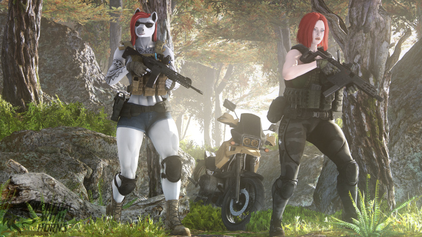 3d_(artwork) abs absurd_res anthro arm_tattoo assault_rifle blue_eyes chest_tattoo clothing digital_media_(artwork) duo female female/female forest forest_background gloves gun handwear hi_res human kriss_vector leggings legwear ludexus mammal motorcycle muscular muscular_anthro muscular_female nature nature_background plant ranged_weapon red_body rifle sig_mcx source_filmmaker submachine_gun suyin_(ludexus) tactical_belt tactical_gear tactical_gloves tattoo topwear tree vehicle vero_(ludexus) vest weapon