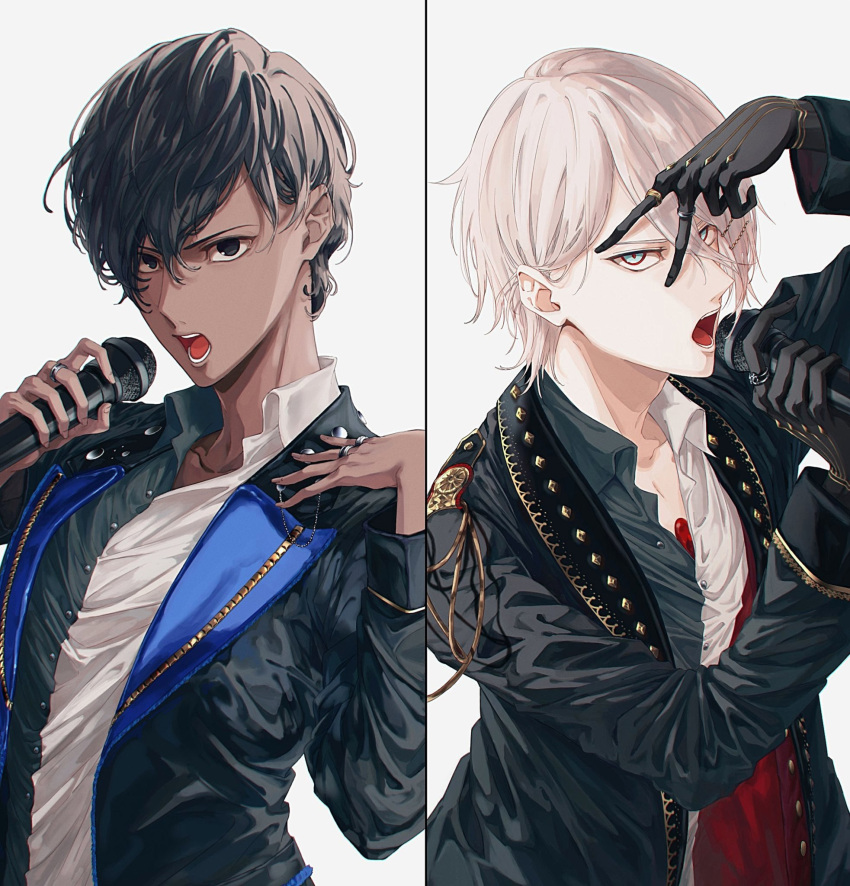 2boys :o arjuna_(fate) bangs black_eyes black_gloves black_hair black_jacket black_shirt blue_eyes chest_jewel collared_shirt commentary_request dark-skinned_male dark_skin fate/extella fate/extella_link fate/extra fate/grand_order fate_(series) gloves gold_trim grey_background hand_on_own_shoulder highres holding holding_microphone jacket jewelry karna_(fate) long_sleeves looking_at_viewer male_focus microphone multicolored_shirt multiple_boys multiple_rings music official_alternate_costume open_mouth ring shirt short_hair simple_background singing teeth two-tone_shirt upper_body v white_hair white_shirt yanagiya_idzu_(ya_na_gi_ya)