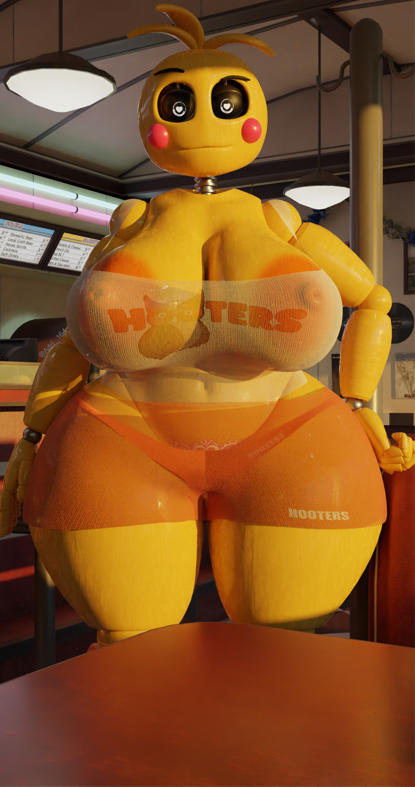 absurd_res adri164 areola big_breasts bodily_fluids breasts clothing female five_nights_at_freddy's five_nights_at_freddy's_2 hi_res hooters hooters_uniform looking_at_viewer lovetaste_chica nipples orange_areola orange_clothing orange_panties orange_underwear panties scottgames sweat sweaty_breasts sweaty_legs sweaty_thighs thick_thighs toy_chica_(fnaf) translucent translucent_clothing underwear video_games wide_hips womb_tattoo yellow_body