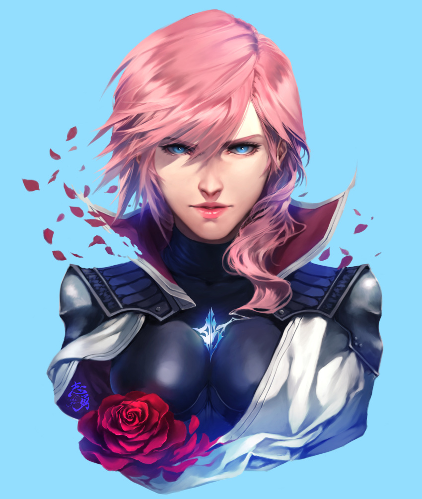 1girl absurdres armor asymmetrical_hair blue_background blue_eyes breasts falling_petals final_fantasy final_fantasy_xiii flower hair_between_eyes hair_over_shoulder high_collar highres lightning_farron looking_at_viewer medium_breasts medium_hair parted_lips petals pink_hair portrait red_flower red_rose rose shiyuu_(shiyu) shoulder_armor solo upper_body wavy_hair