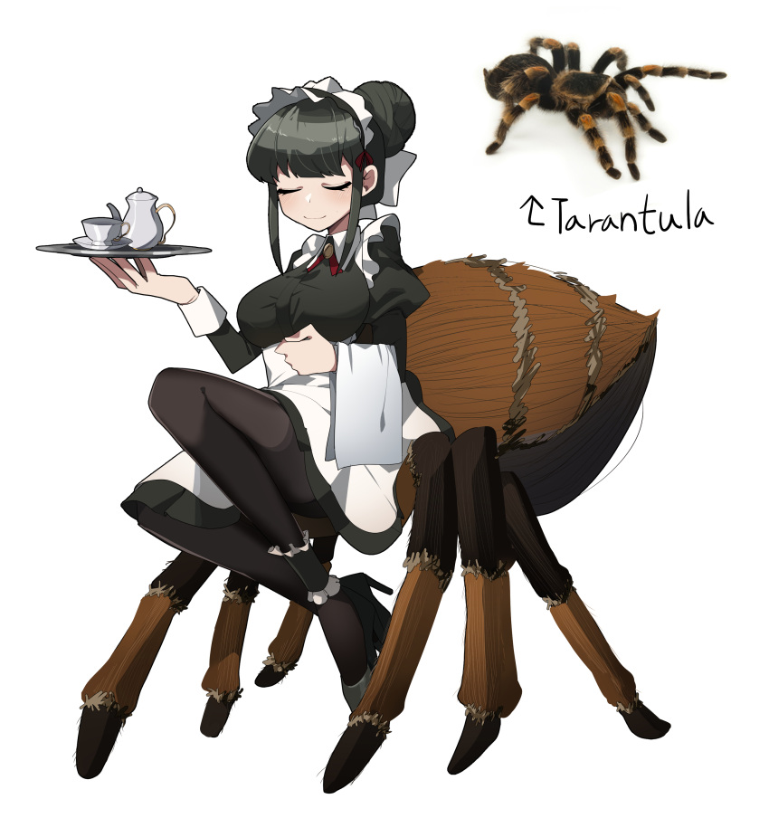 1girl absurdres ankle_garter apron arachne arthropod_girl arthropod_limbs bangs black_dress black_footwear black_pantyhose blunt_bangs bow bug closed_eyes closed_mouth collared_dress cross_tie cup dress frilled_apron frills full_body gomulgong green_hair hair_bow hair_bun hands_up high_heels highres holding holding_tray juliet_sleeves long_sleeves maid maid_headdress monster_girl original pantyhose personification photo_inset puffy_sleeves reference_inset sidelocks simple_background sleeve_cuffs smile solo spider spider_girl stiletto_heels tarantula taur tea_set teacup teapot tray white_apron white_background white_bow