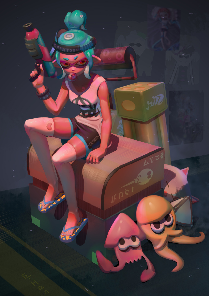 1girl animal animal_print aqua_hair black_shorts blue_footwear blue_nails bracelet bubble_blowing callie_(splatoon) cat chewing_gum chinese_commentary clothing_cutout flip-flops h.an_(516635864) hand_up heart_cutout high_ponytail highres holding inkling jewelry judd_(splatoon) marie_(splatoon) nail_polish octoling octoling_girl octopus octopus_print orange_eyes ponytail poster_(object) print_footwear sandals shorts sideways_hat sitting skindentation splat_bomb_(splatoon) splat_roller_(splatoon) splatoon_(series) splattershot_(splatoon) squid suction_cups super_soaker tank_top tenta_missiles_(splatoon) tentacle_hair thighhighs toeless_legwear toenail_polish toenails visor_cap white_tank_top white_thighhighs zettai_ryouiki