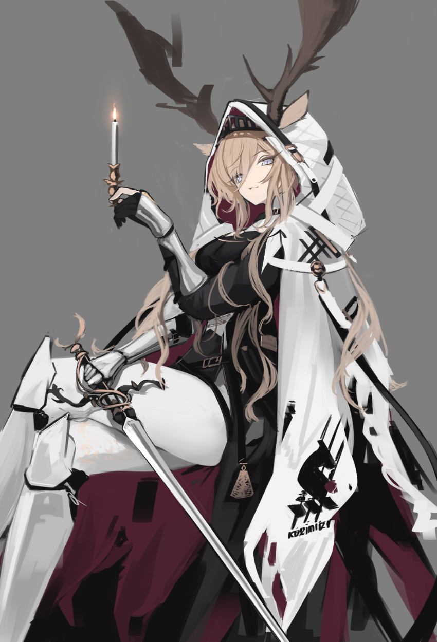 1girl animal_ears antlers arknights bangs black_gloves breasts candle cape crossed_legs deer_antlers deer_ears deer_girl ears_through_headwear gauntlets gloves grey_background grey_eyes hair_between_eyes highres holding holding_candle holding_sword holding_weapon hood hood_up hooded_cape light_brown_hair long_hair looking_at_viewer partially_fingerless_gloves shinetuitta simple_background solo sword viviana_(arknights) weapon white_cape
