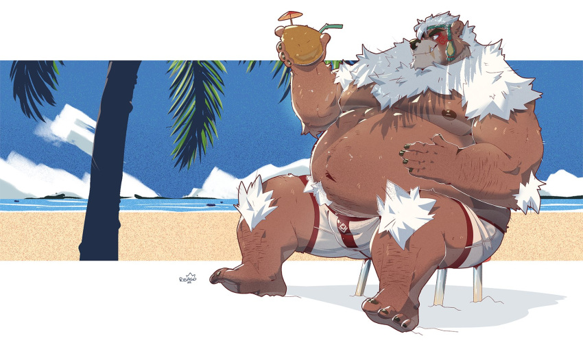 2022 anthro beach bottomwear clothing detailed_background hi_res humanoid_hands kemono kimun_kamui_(tas) lifewonders male mammal moobs nipples obese obese_male outside overweight overweight_male palm_tree plant riisago seaside shorts sitting solo swimwear tokyo_afterschool_summoners tree ursid video_games water