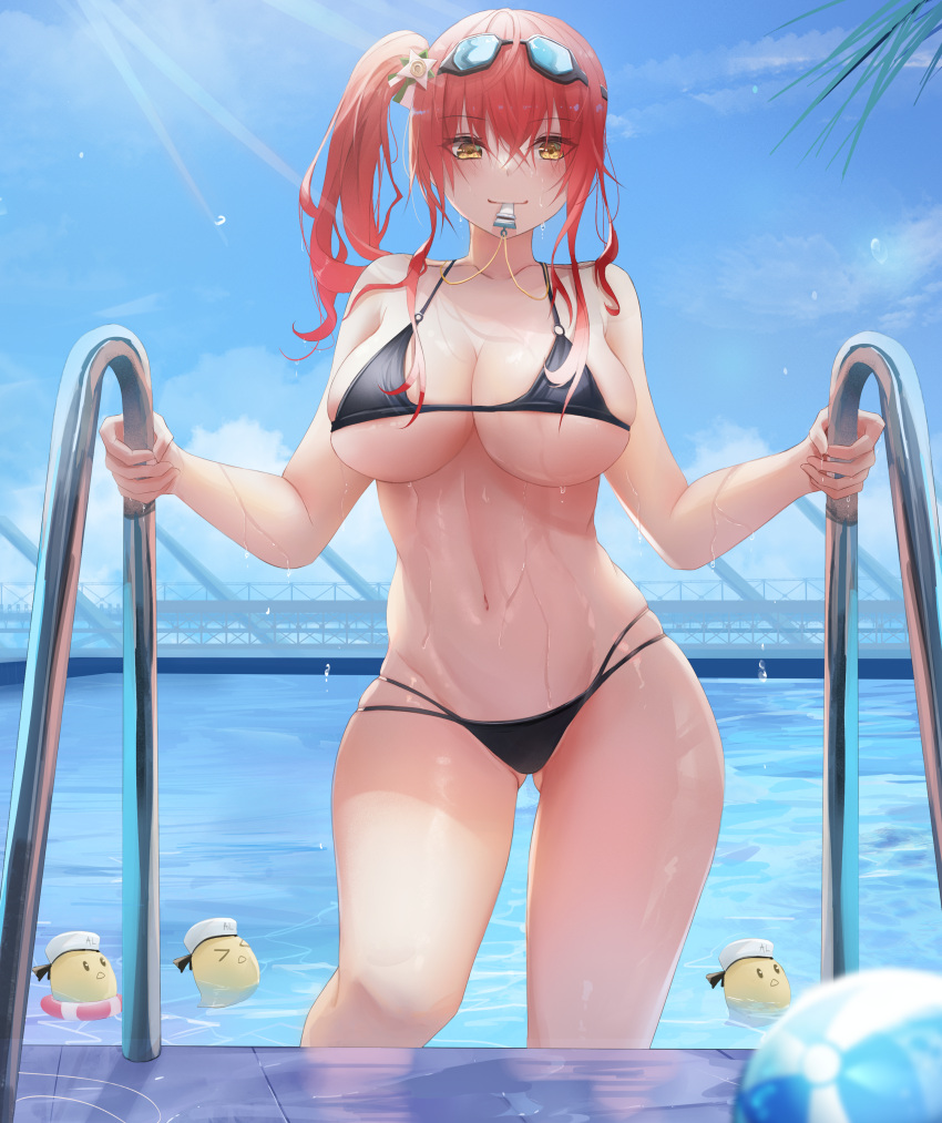 1girl absurdres ass_visible_through_thighs azur_lane bangs bikini black_bikini blowing_whistle breasts cleavage closed_mouth collarbone day goggles goggles_on_head hair_between_eyes highres large_breasts long_hair looking_at_viewer manjuu_(azur_lane) navel outdoors pool pool_ladder red_hair smile solo stomach sunlight swimsuit turbulence twintails wet whistle yellow_eyes zara_(azur_lane)