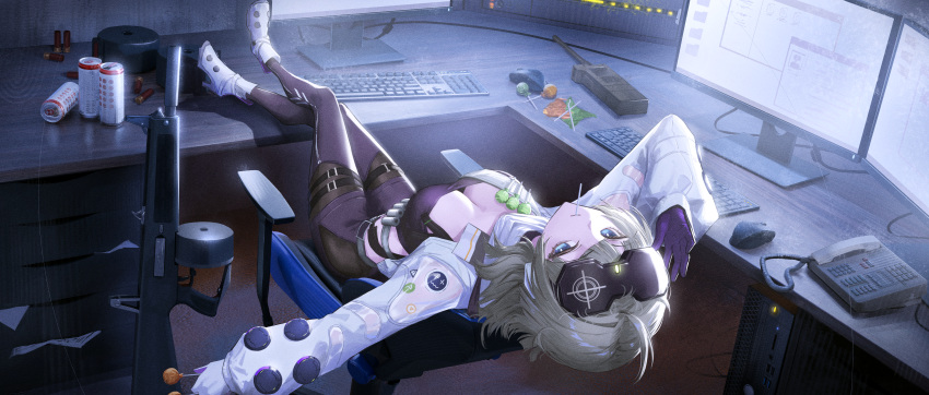 1girl aa-12 aa-12_(girls'_frontline) absurdres blonde_hair blue_eyes boots breasts bright_pupils can candy chair commentary_request computer computer_keyboard computer_mouse crossed_legs desk energy_drink food full_body girls'_frontline girls'_frontline_2:_exilium gun head-mounted_display highres holding holding_candy holding_food holding_lollipop indoors legs_on_table lind_(girls'_frontline_2) lollipop looking_at_viewer monitor multiple_monitors office_chair phone shotgun shotgun_shell sitting solo swivel_chair table walkie-talkie weapon white_boots white_pupils yakupan