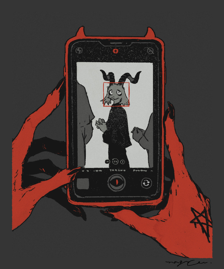 anthro bovid caprine caprine_demon clothed clothing demon first_person_view goat_demon hi_res horn male mammal mucknagabe pentagram phone photo priest