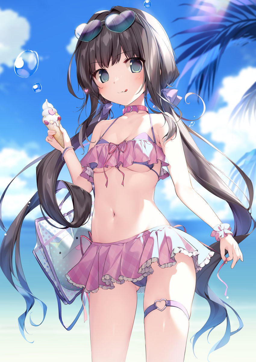 1girl :q absurdres bad_link bangs bikini brown_hair choker cloud day eyewear_on_head food frills green_eyes heart heart-shaped_eyewear highres ice_cream karory low_twintails navel original ribbon scrunchie skirt sky solo sunglasses swimsuit thigh_strap tongue tongue_out twintails wrist_scrunchie