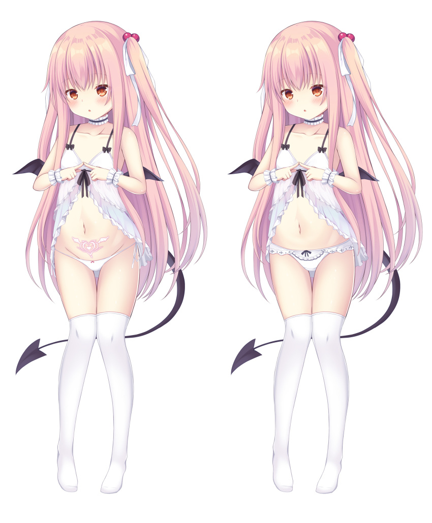 1girl :o babydoll bangs bare_shoulders black_wings blush bow bow_panties brown_eyes commentary_request demon_girl demon_tail demon_wings groin hair_bobbles hair_ornament hair_ribbon highres long_hair looking_at_viewer mini_wings multiple_views navel no_shoes one_side_up original over-kneehighs panties parted_lips ribbon sakuraba_hikaru_(loveindog) simple_background standing tail thighhighs underwear underwear_only very_long_hair white_background white_panties white_ribbon white_thighhighs wings wrist_cuffs