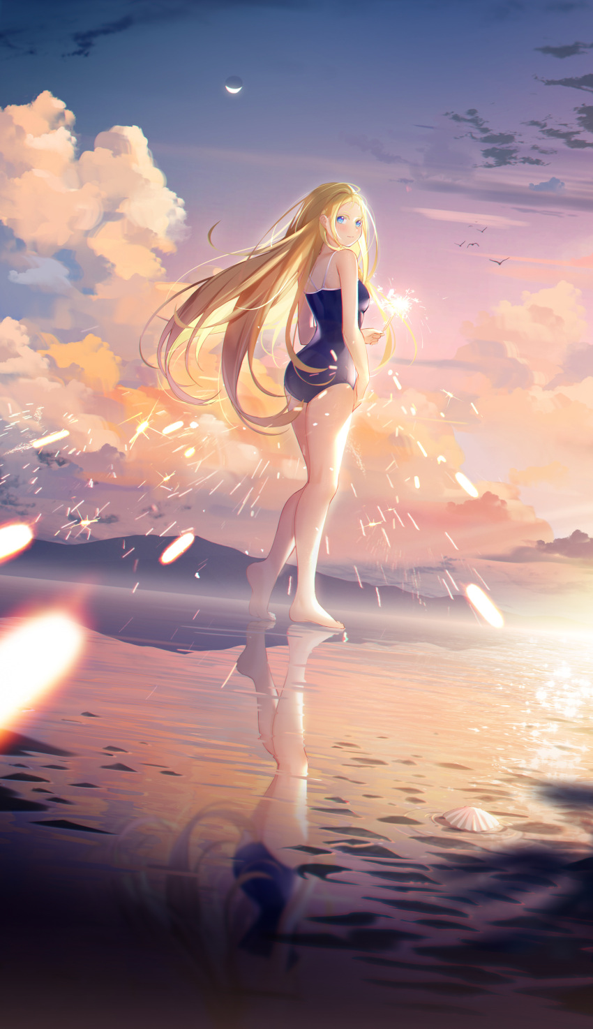 absurdres ass beach blonde_hair blue_eyes breasts highres kofune_ushio legs long_hair looking_at_viewer looking_back one-piece_swimsuit small_breasts standing stardust_(chen'ai_weiding) summertime_render swimsuit thighs very_long_hair