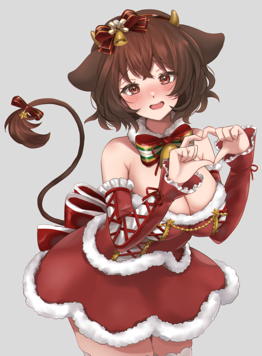 animal_humanoid bell big_breasts blush bovid bovid_humanoid bovine bovine_humanoid bow_ribbon breasts brown_hair cattle_humanoid christmas female hair hi_res holidays holmy_(show_by_rock!!) horn huge_breasts humanoid mammal mammal_humanoid nezumo6 open_mouth red_eyes sanrio short_hair show_by_rock!! solo star