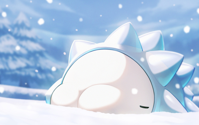 closed_eyes cloud commentary_request day lying naoki_eguchi no_humans on_stomach outdoors pokemon pokemon_(creature) sky sleeping snom snow snowing solo