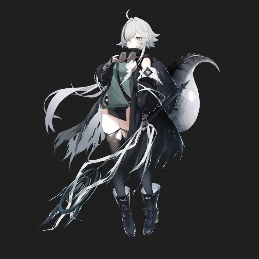 1girl ahoge arknights black_background black_footwear black_thighhighs boots breasts closed_mouth crocodilian_tail detached_sleeves fingerless_gloves full_body gloves goggles goggles_around_neck green_hair grey_hair hair_between_eyes highres holding holding_staff holding_weapon large_tail long_hair looking_at_viewer misa_(929382672) multicolored_hair pointy_ears simple_background solo staff streaked_hair tail thighhighs tomimi_(arknights) torn_clothes torn_legwear very_long_hair weapon yellow_eyes