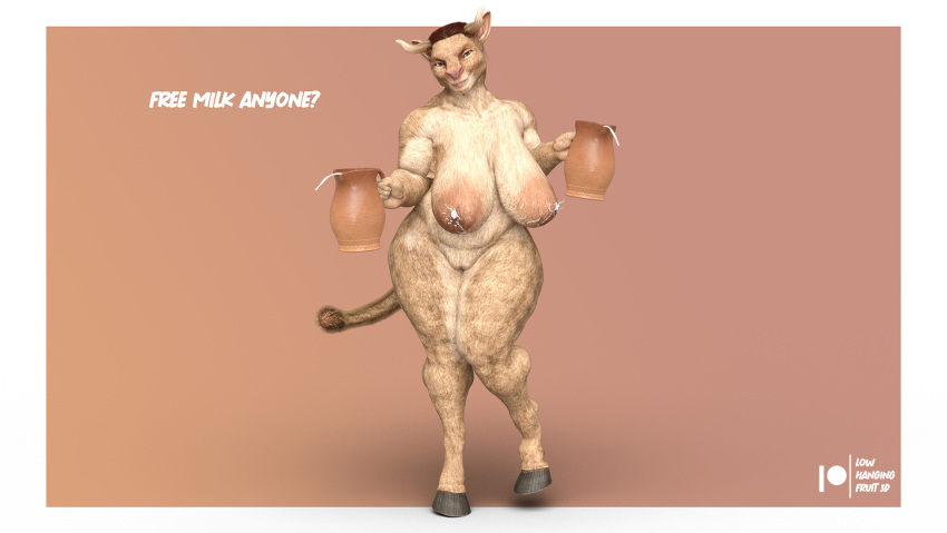 3d_(artwork) age_difference anthro big_breasts black_clothing black_hooves black_panties black_underwear blue_eyes bodily_fluids bovid bovine breast_milking breasts cattle clothing digital_media_(artwork) english_text female genitals hi_res holding_object hooves horn lactating lowhangingfruit3d mammal mature_anthro mature_female milk nipples nude panties pussy simple_background size_difference solo text thick_thighs underwear wide_hips