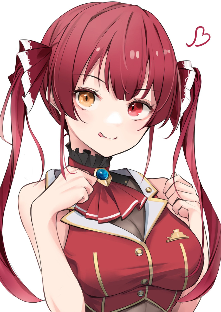 1girl anbasa_(amaneyuz13) ascot bangs breasts brooch hands_up heterochromia highres hololive houshou_marine jewelry licking_lips long_hair looking_at_viewer medium_breasts red_ascot red_eyes red_hair simple_background sleeveless solo tongue tongue_out twintails upper_body virtual_youtuber white_background yellow_eyes