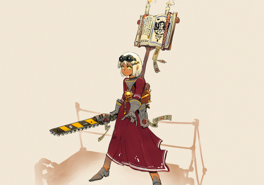 1girl absurdres adeptus_ministorum bandana belt book boots brown_belt candle chainsword closed_mouth dark-skinned_female dark_skin dress gloves grey_gloves highres holding holding_sword holding_weapon long_sleeves looking_at_viewer medium_hair ministorum_priest open_book polilla priest red_dress smile solo sword warhammer_40k weapon white_hair yellow_eyes